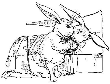 Schwarze und weiße Strichzeichnung von zwei Hasen, die auf einem Sofa sitzen und von Ostereier-Farblisten umgeben sind, die Eier, Hasen und andere Oster-illustrationen auf einem weißen Hintergrund zeigen.