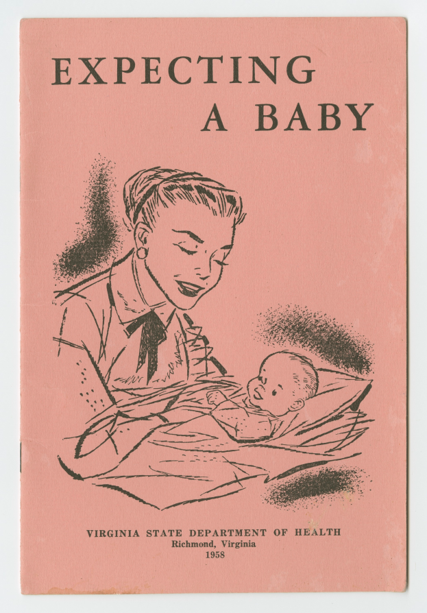 Ein Buchumschlag mit einer Frau, die ein Baby hält, beide mit glücklichen Ausdrücken, mit dem Titel 'Erwarten ein Baby'.