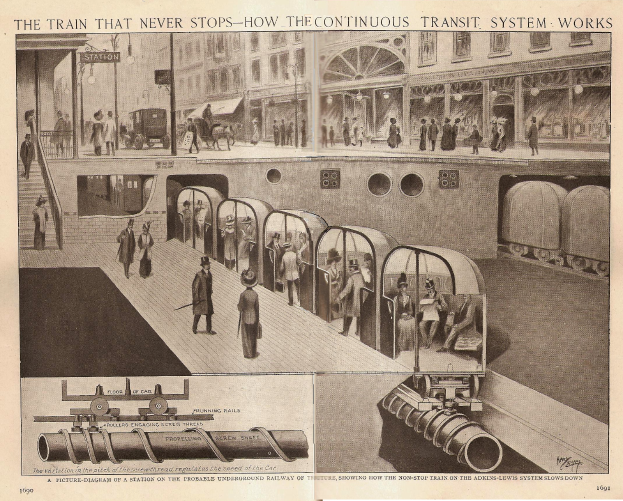 Ein Bild mit Fotos von Menschen, Zügen und anderen Gegenständen sowie dem Text "Der Zug, der nie aufhört - wie das ständige Transportsystem funktioniert".