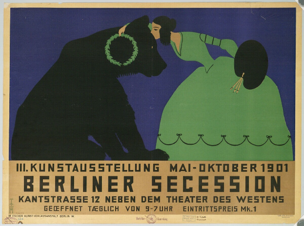 Ein Plakat der Berliner Secession mit einer Frau in einem grünen Kleid und einem Mann in einem schwarzen Anzug, mit Text zur Beschreibung des Ereignisses.