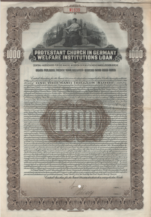 Ein altes Dokument mit einem hellblauen Hintergrund und schwarzer Schrift, betitelt mit "Kirchlicher Wohlfahrtsinstitute Kredit" und einem ernst dreinschauenden Mann im Anzug.