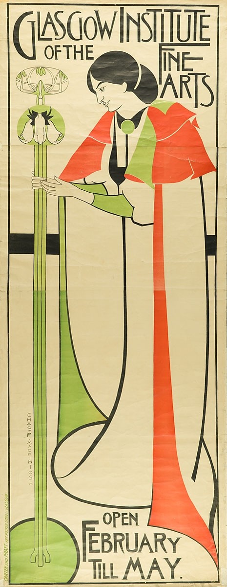 Ein Plakat, das das Glasgow Institute of Fine Arts bewirbt und eine Frau in einem roten Kleid zeigt.