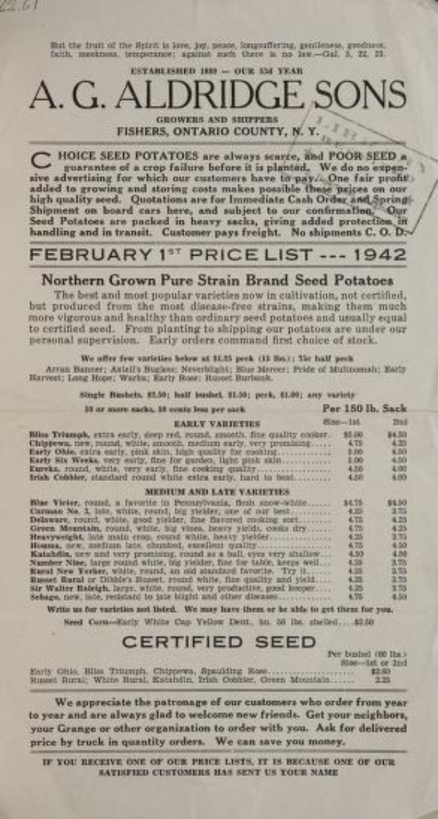 Preisliste für "A.G. Aldridge Sons - Northern Grown Pure Grain Brand Seed Potatoes" vom 1. Februar 1942.