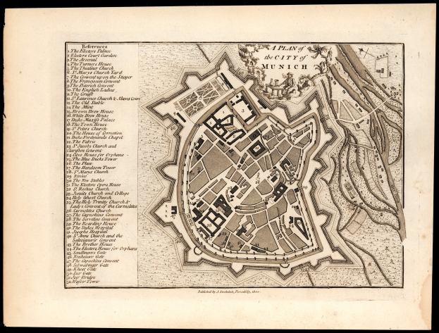 Detailreiche alte Karte von München, Deutschland, mit Straßen, Gebäuden und Sehenswürdigkeiten auf schwarzem Hintergrund, mit Textbeschriftungen.