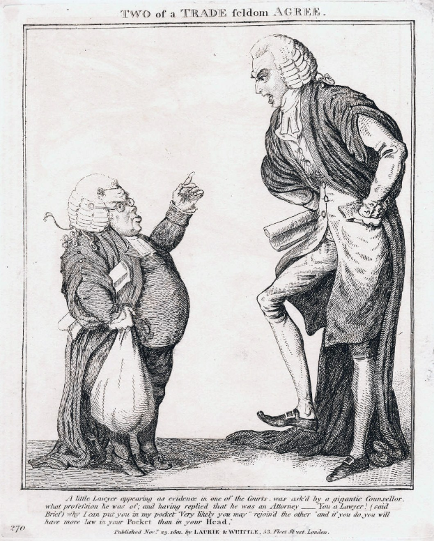 Schwarz-weiß-Zeichnung von zwei Personen, eine hält eine Tasche, mit dem Text "Zwei eines Handwerks Feldom Einigen sich" darunter.