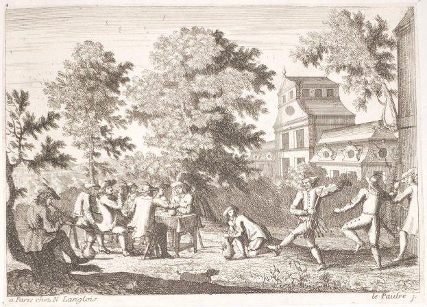 Gruppe von Menschen bei einem Spiel in einem Park mit Bäumen und einem Gebäude im Hintergrund, Text unten sichtbar.