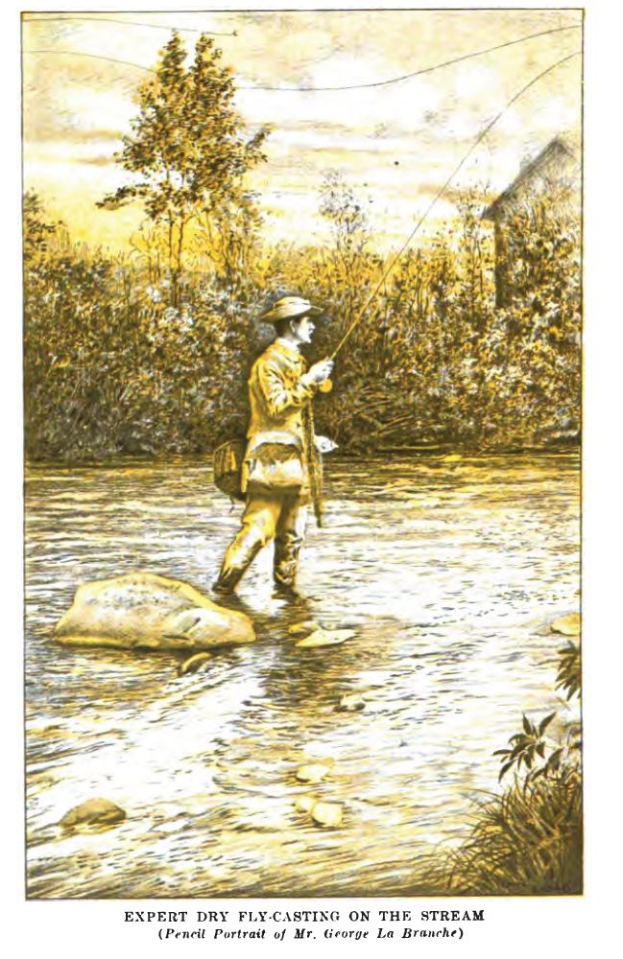 Ein Mann steht in einem Bach und hält eine Angelrute, umgeben von Felsen, Pflanzen, Bäumen und einem Haus, mit einem bewölkten Himmel darüber und einem Text am unteren Rand, der "Expert Dry Fly Casting on the Stream" lautet.