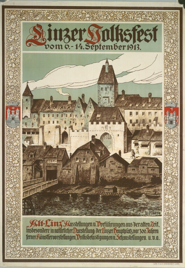 Alter Plakatwerbung eines Festivals in Deutschland, das ein Schloss umgeben von Häusern zeigt.