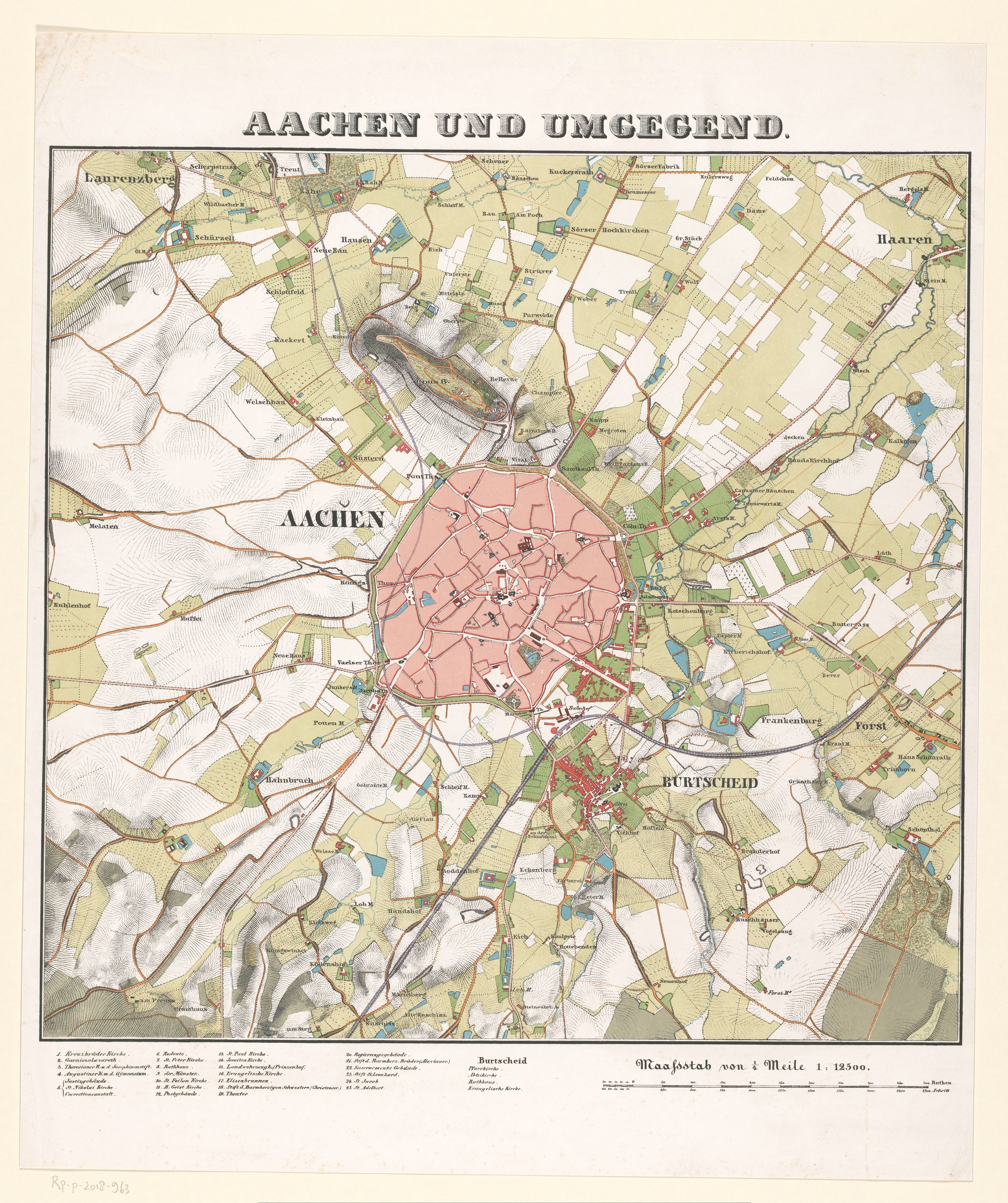 Ein detailliertes altes Stadtplan von Aachen, Deutschland, mit Straßen, Gebäuden und Sehenswürdigkeiten mit Text oben und unten auf dem Papier.