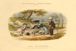 Eine Zeichnung von drei Kindern, die mit einem Hund in einem Park spielen, umgeben von Bäumen, Pflanzen und einem Zaun, mit Text unten.