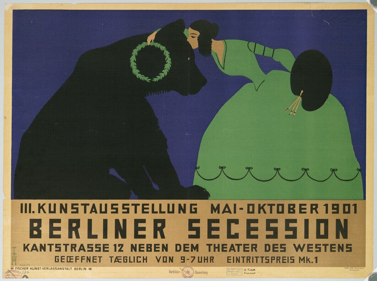 Plakat für die Berliner Secession mit einer Frau in einem grünen Kleid und einem Mann in einem schwarzen Anzug mit Text zur Beschreibung des Ereignisses.