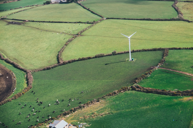 Luftaufnahme eines einzelnen Windrades in einer grünen Wiese mit verstreuten Bäumen, Häusern und Tieren in Irland.
