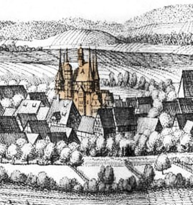 Schwarze und weiße Zeichnung einer kleinen Stadt mit einer zentralen Kirche, umgeben von Bäumen und Hügeln, beschriftet mit "Gothic Architecture in Germany" unten.