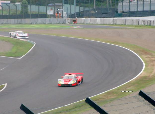 Zwei Sportwagen auf einer von Gras, Zaun, Pfosten, Bäumen und Gebäuden umgebenen Rennstrecke.