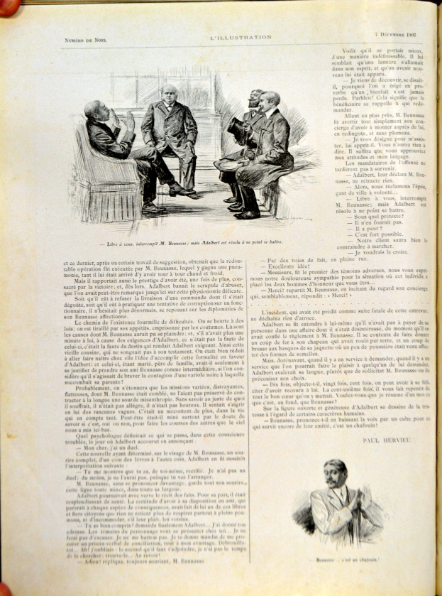 Ein aufgeschlagenes Buch mit einer Zeichnung von einer Gruppe von Menschen, die um einen Tisch sitzen und eine lebhafte Diskussion führen, begleitet von Text.