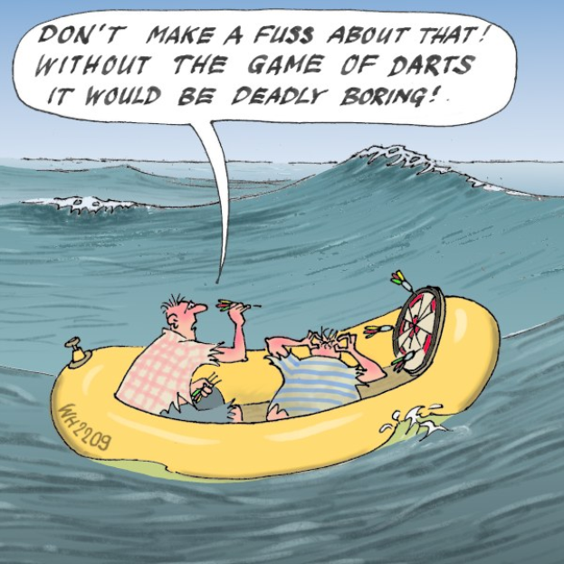 Cartoon von zwei Personen in einem gelben Luftboot auf dem Wasser mit einem Sprechblasen über ihnen, die den Text "Mach kein Theater drum ohne das Dartspiel, das wär' todlangweilig." zeigt.