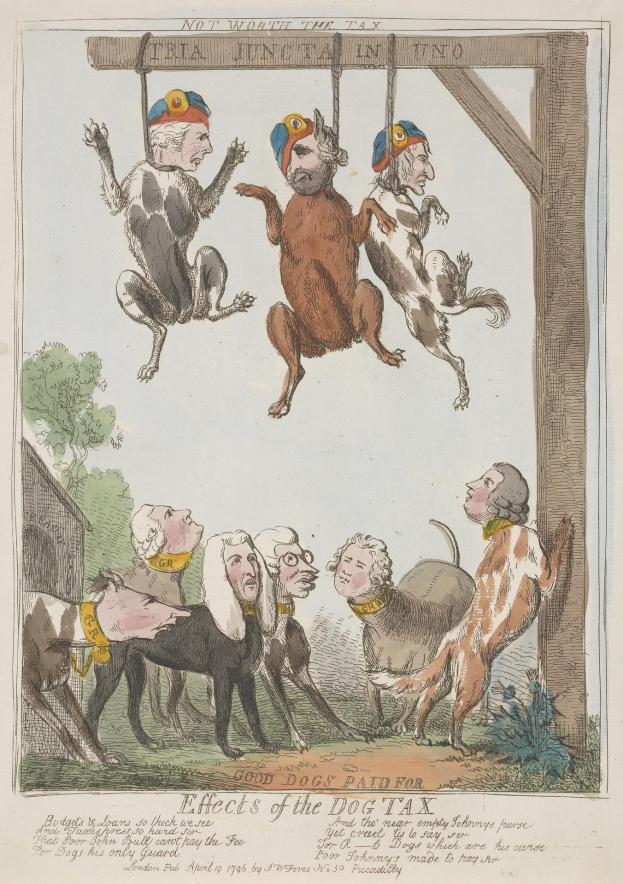Ein Blatt Papier mit einer Zeichnung von Menschen und Tieren, darunter ein Hund, der an einem Holzpfahl hängt, und Text, der wahrscheinlich eine Hundesteuer beschreibt.