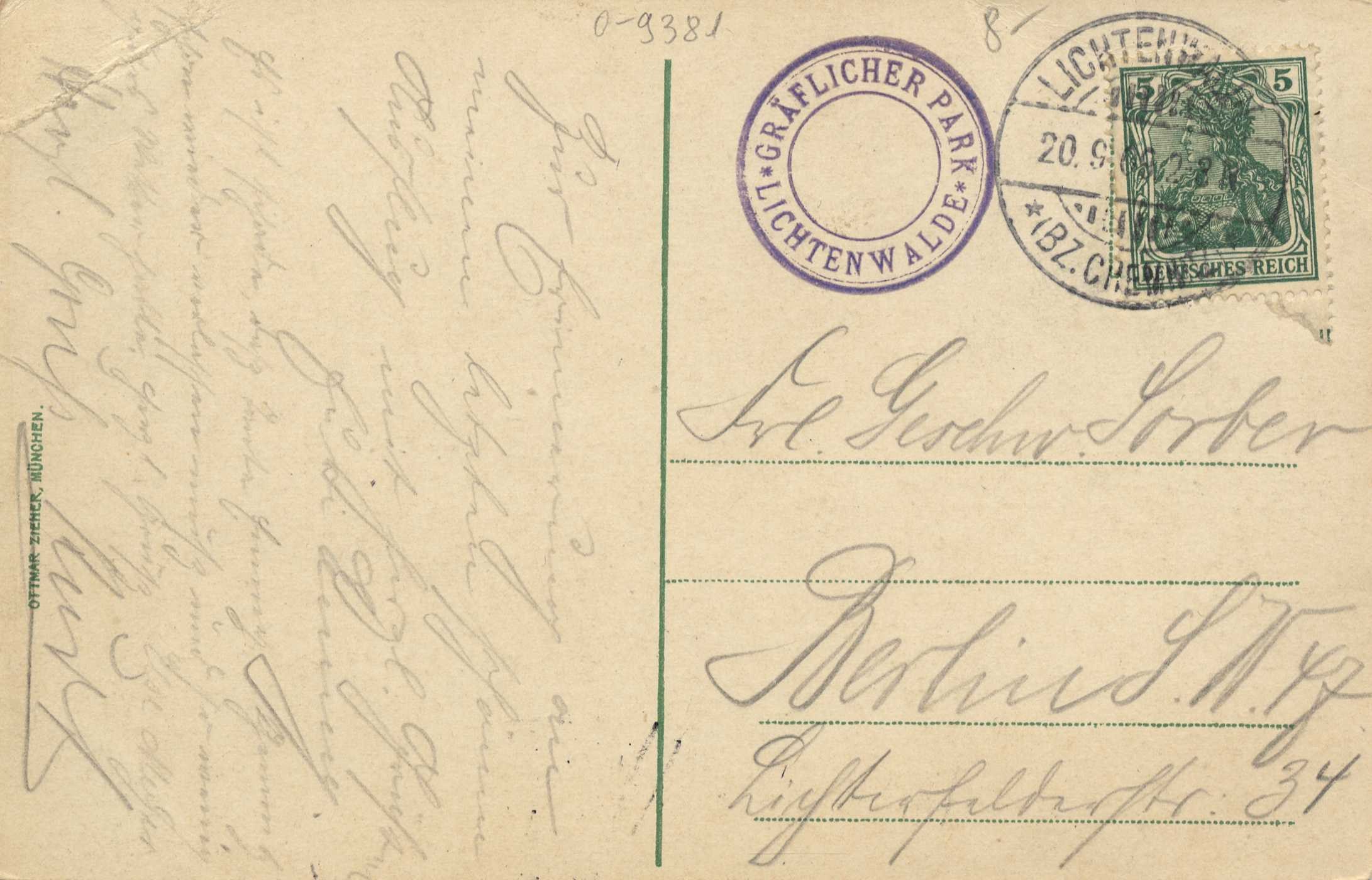 Alte Postkarte mit einer Briefmarke, die "Lichtenwald, Deutschland - Einschreiben nach Deutschland" lautet, mit handgeschriebener Textstelle und zwei zusätzlichen Briefmarken in der rechten oberen Ecke.