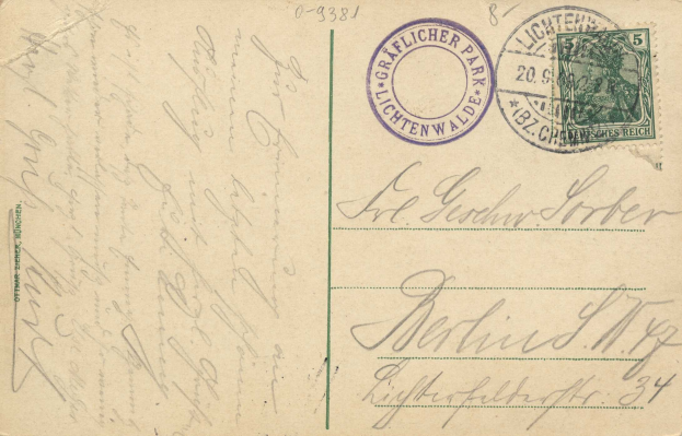 Alte Postkarte mit einer Briefmarke, die "Lichtenwald, Deutschland - Einschreiben nach Deutschland" lautet, mit handgeschriebener Textstelle und zwei zusätzlichen Briefmarken in der rechten oberen Ecke.