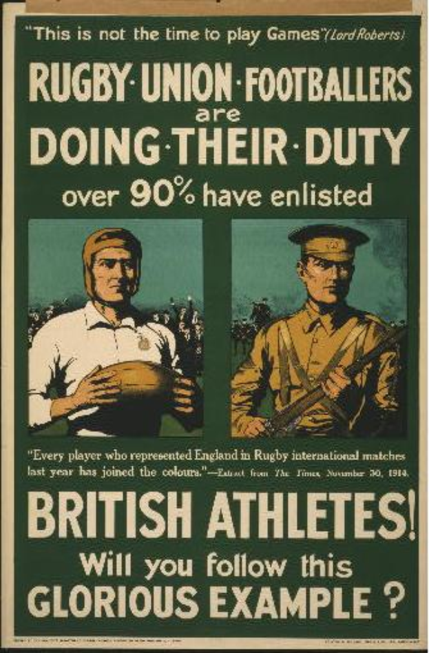 Ein Vintage-Plakat mit zwei Rugby-Union-Fußballern, die ihren Eintritt in den Dienst ankündigen und darauf hinweisen, dass über 90% der britischen Athleten eingezogen sind.