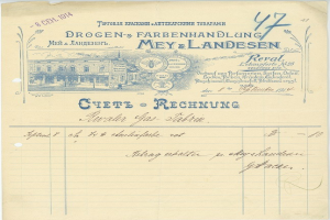 Alte Urkunde mit einem Gebäudeabbild, Text und einem Stempel, ähnlich einer Quittung mit dem Gebäude im Hintergrund.