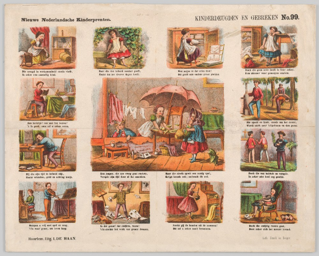 Ein altes Buch mit illustrierten Seiten, die Kinder beim Spielen in einem sonnigen, grünen Garten zeigen, wie sie mit Spielzeug und einem Ball spielen.