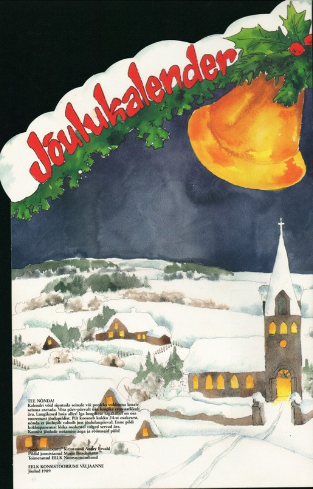 Weihnachtskartenplakat mit verschneitem Dorf, Kirche, Glocke und Text 'Joulukalender'.