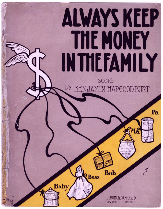 Plakat mit fetter schwarzer Schrift "Immer das Geld in der Familie behalten" auf weißem Hintergrund, das eine farbenfrohe Illustration einer strahlenden Familie von vier zeigt (zwei Erwachsene in legerer Kleidung und zwei Kinder in T-Shirts und Shorts), die in einem Kreis unter einem hellblauen Himmel mit weißen Wolken stehen.