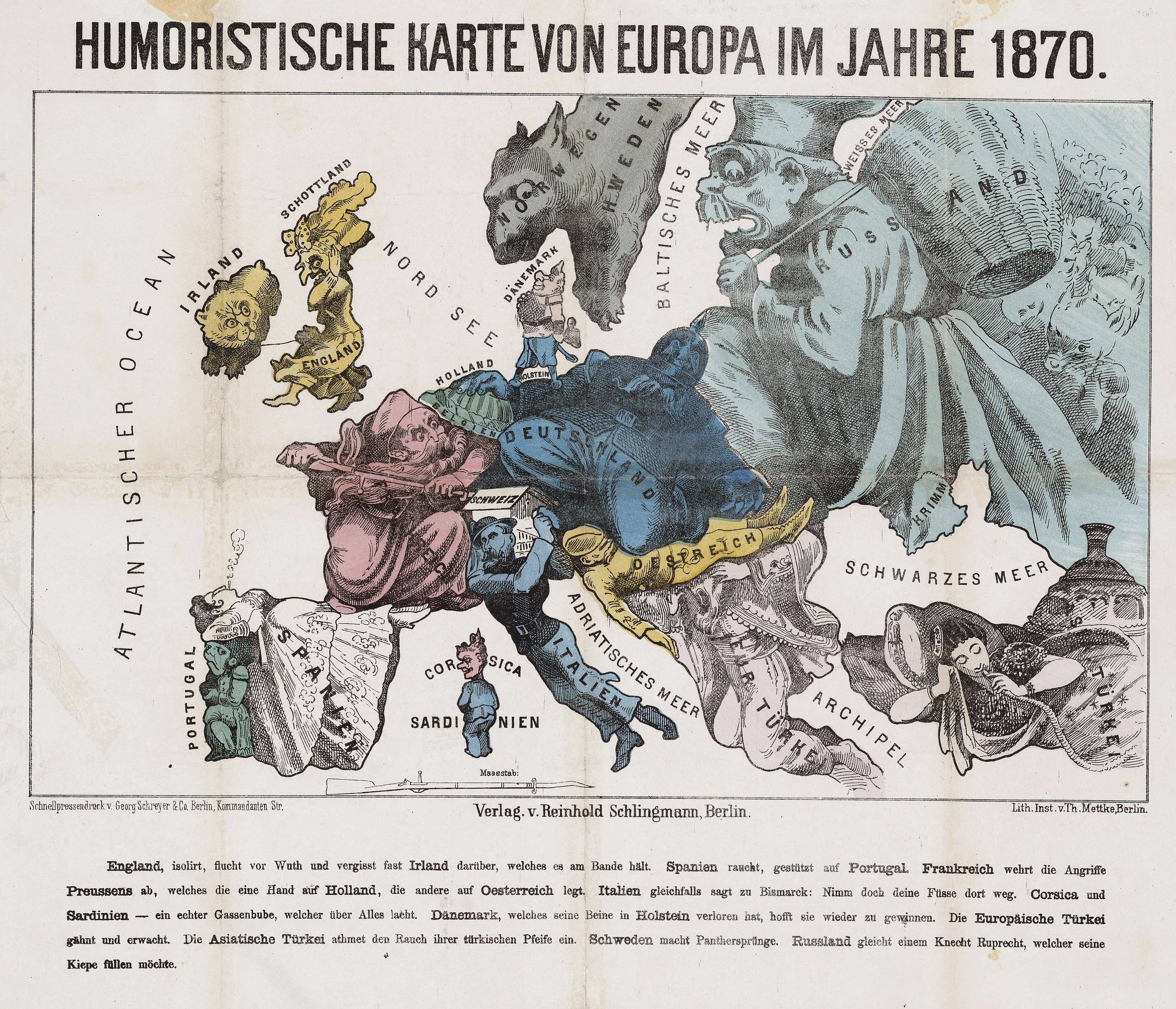 Ein Plakat mit einer Karte von Europa im Jahr 1870, umgeben von Cartoon-Illustrationen und der Überschrift "Humoristische Karte von Europa im Jahre 1870."
