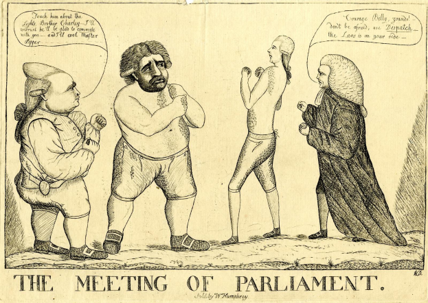 Ein Papier mit einer Zeichnung von drei stehenden und diskutierenden Personen, betitelt "Die Parlamentssitzung" unten.