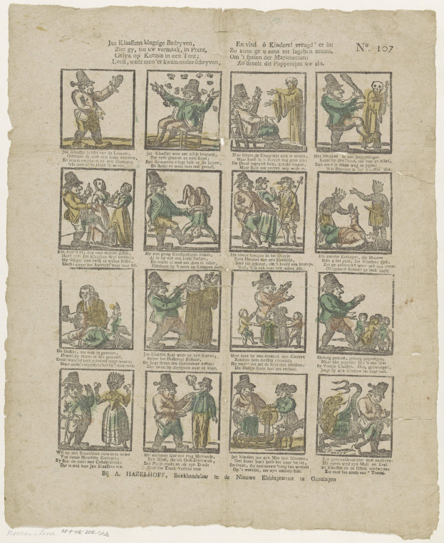 Eine Buchseite mit einer Zeichnung eines verzweifelten Mannes in Hut und Frau in Kleid, umgeben von Text und anderen Bildern.