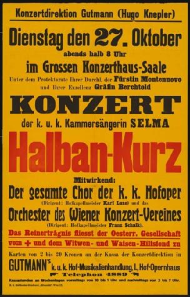 Gelbes Plakat in Berlin, Deutschland wirbt für ein Konzert mit dem Titel "Konzert Halban-Kurz".