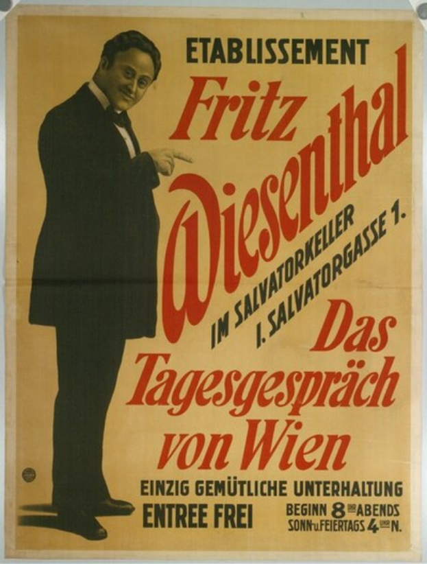 Ein Plakat mit Fritz Diesenthal, einem deutschen Komponisten, in einem schwarzen Anzug und weißem Hemd, mit zurückgekämmtem Haar und einem ernsten Gesichtsausdruck, der direkt in die Kamera schaut, vor einem weißen Hintergrund mit schwarzer, fetter Schrift.