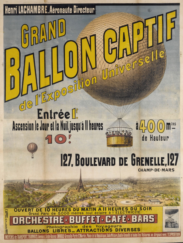 Alter Plakatwerbung für die große Ballonkapitale auf der Weltausstellung, mit Heißluftballons, Gebäuden, Bäumen und Himmel mit Text, der die Ereignisinformationen bereitstellt.