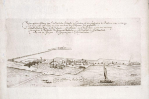 Ein altes Buch mit einer zentralen Illustration von Köln, Deutschland, umgeben von Booten auf dem Wasser, mit der Aufschrift "Plan der Stadt Köln, Deutschland" auf der Seite.