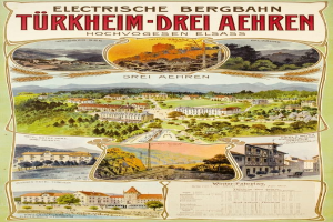 Plakat bewirbt Bergbahn, Deutschland als Elektrostadt, zeigt Bilder von Gebäuden, Bäumen, Hügeln und beschreibenden Text.