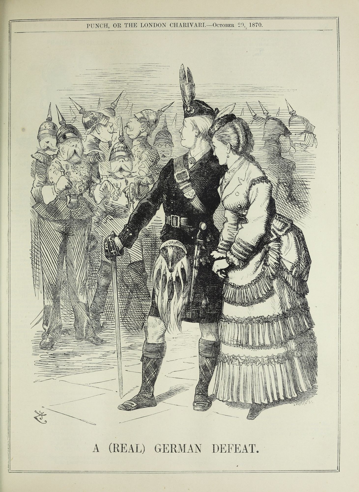 Zwei Personen stehen vor einer Menge, der Mann hält einen Stock in der Hand, auf einem Papier mit deutscher Schrift und Zahlen, die eine Niederlage angeben.