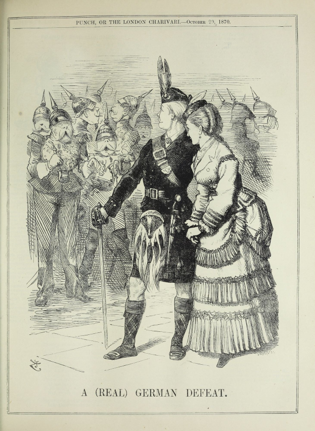 Zwei Personen stehen vor einer Menge, der Mann hält einen Stock in der Hand, auf einem Papier mit deutscher Schrift und Zahlen, die eine Niederlage angeben.