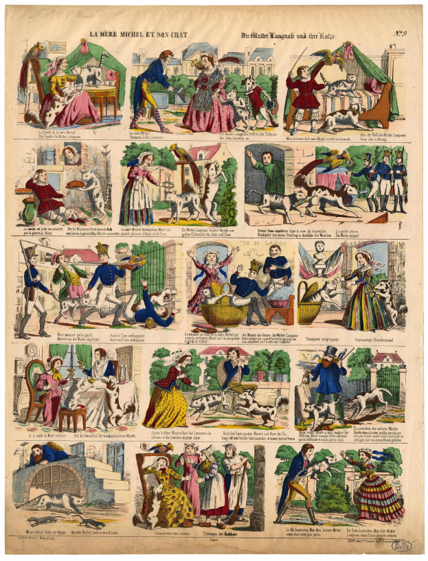 Eine Zeitung mit bunten Bildern von Menschen und Tieren sowie dekorativem Text.