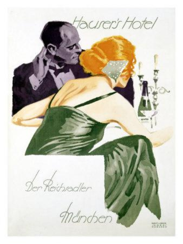 Ein Plakat aus den 1930er Jahren, das ein Hotel bewirbt und einen Mann und eine Frau in einem grünen Kleid zeigt, mit Text, der das Hotel bewirbt.