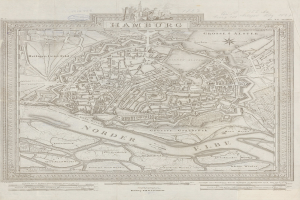 Alte Karte von Hamburg, Deutschland, auf Papier gedruckt, zeigt Straßen und Sehenswürdigkeiten mit klassischem Erscheinungsbild.