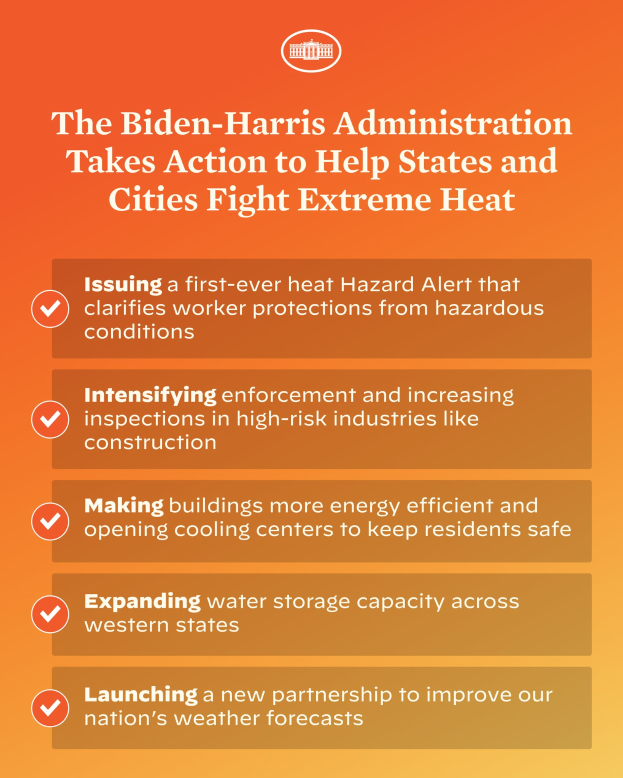 Ein Plakat mit fetter schwarzer Schrift auf einem weißen Hintergrund, eingerahmt von einem hellgelben Rand, und einem roten und weißen Schild mit einem Blitz, auf dem steht: "Die Biden-Harris-Regierung setzt sich dafür ein, den Staaten und Städten bei der Bekämpfung von extremer Hitze zu helfen."