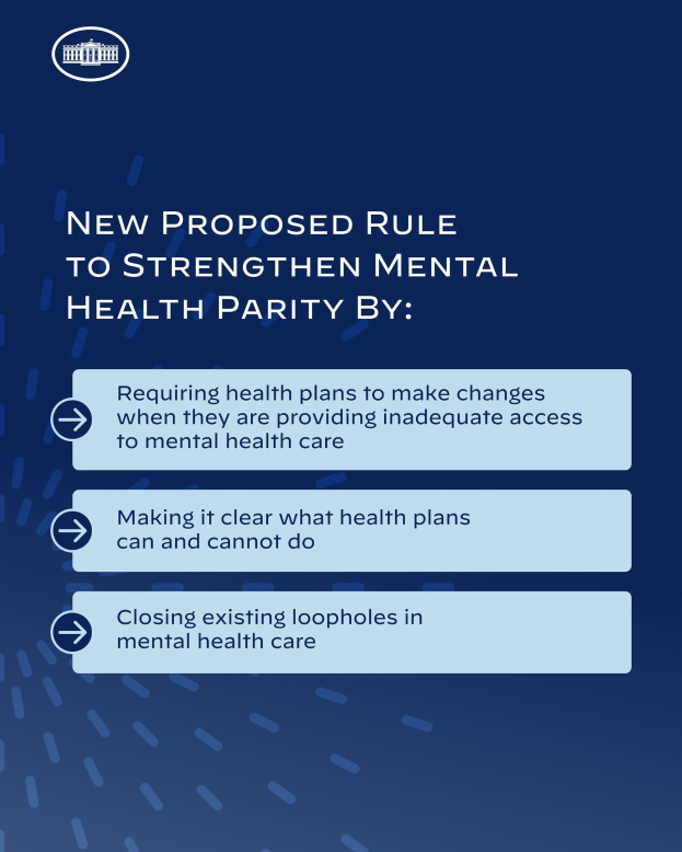 Ein blauer Hintergrund mit weißer Schrift, die eine neue Regelung zur Stärkung der psychischen Gesundheit umreißt, und ein weißes Kreislogo mit blauer Umrandung.