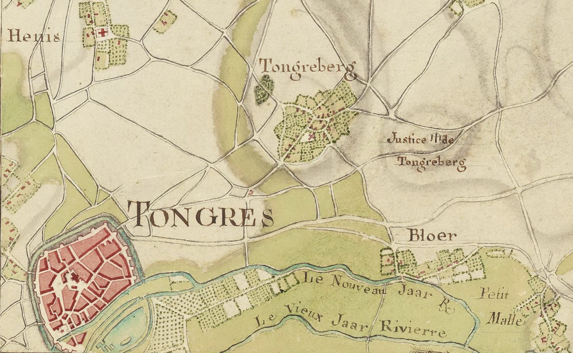 Detailierte alte Karte von Tongres mit Straßen, Gebäuden und Sehenswürdigkeiten mit Text.