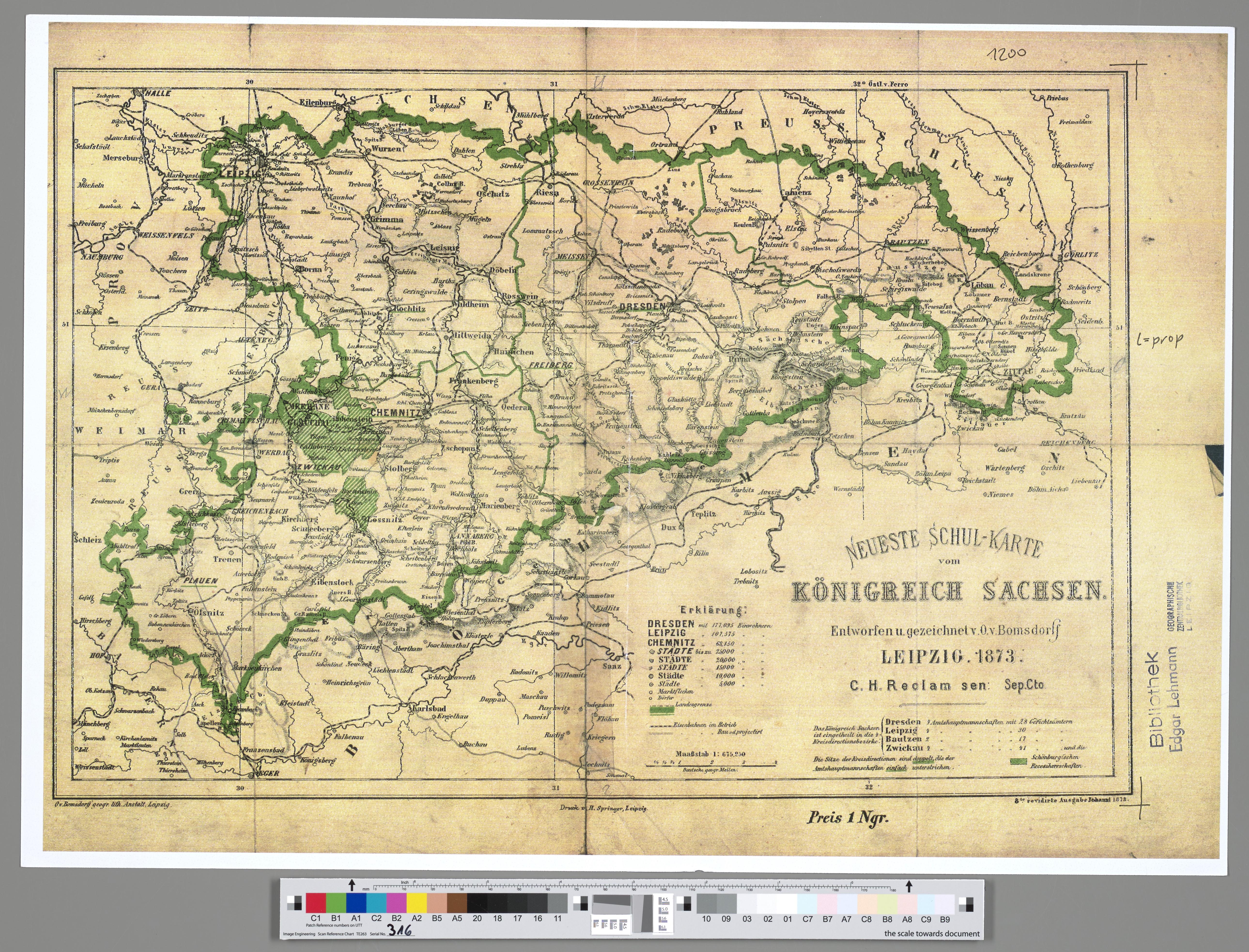 Eine alte Papierkarte von Deutschland mit einer grünen Linie, die hindurchführt, mit Text- und Farboptionen unten.