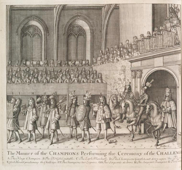 Eine Zeichnung einer Gruppe von Menschen, einige auf Pferden, vor einer Menge mit einem Gebäude im Hintergrund, mit Text darunter, der "Die Art und Weise, wie die Champions die Herausforderungszeremonie durchführen" lautet.