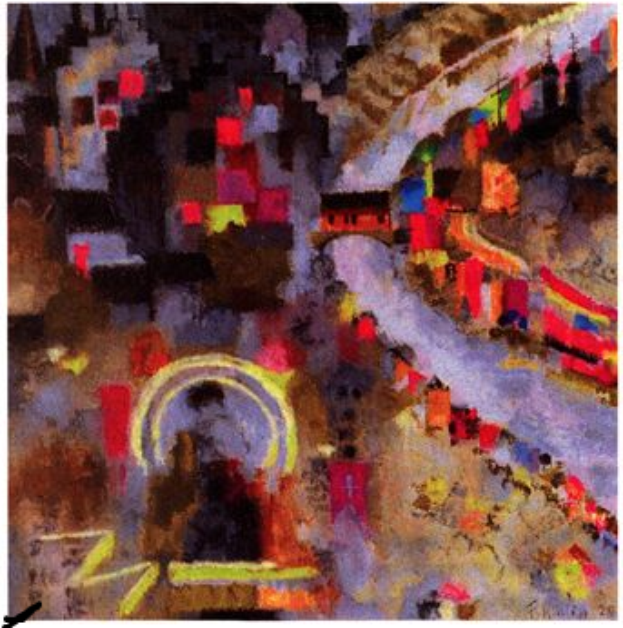 Ein Gemälde einer nächtlichen Stadtstraße mit einer Brücke im Hintergrund, beleuchtet von Stadtlichtern, mit einem Wasserzeichen in der linken unteren Ecke.