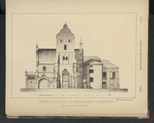 Ein detailliertes Bild einer Kirche auf dem Cover eines alten Buches, mit sichtbaren architektonischen Merkmalen wie Fenstern, Bögen und Säulen.