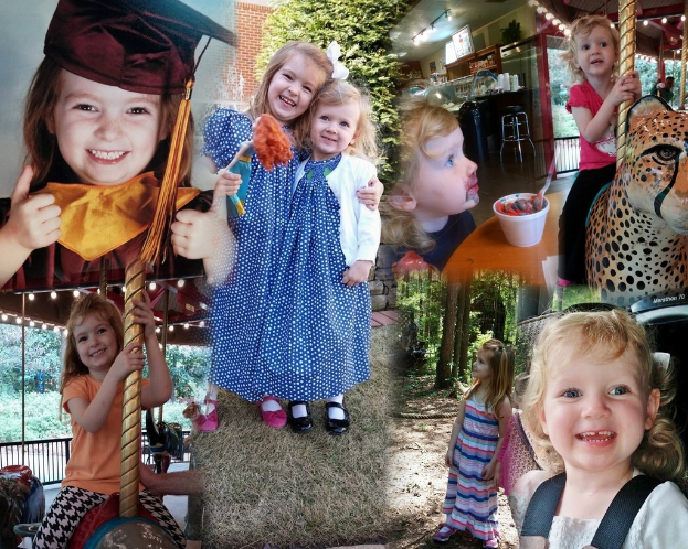 Ein Collage-Bild mit Vergnügungspark-Fahrgeschäften, einem Tisch mit Essens-Artikeln einschließlich eines Bechers und Löffels, verschiedenen Gegenständen, Lichtern, einer Wand, Büschen, Bäumen, Gras, einem Seil und einem Hut.