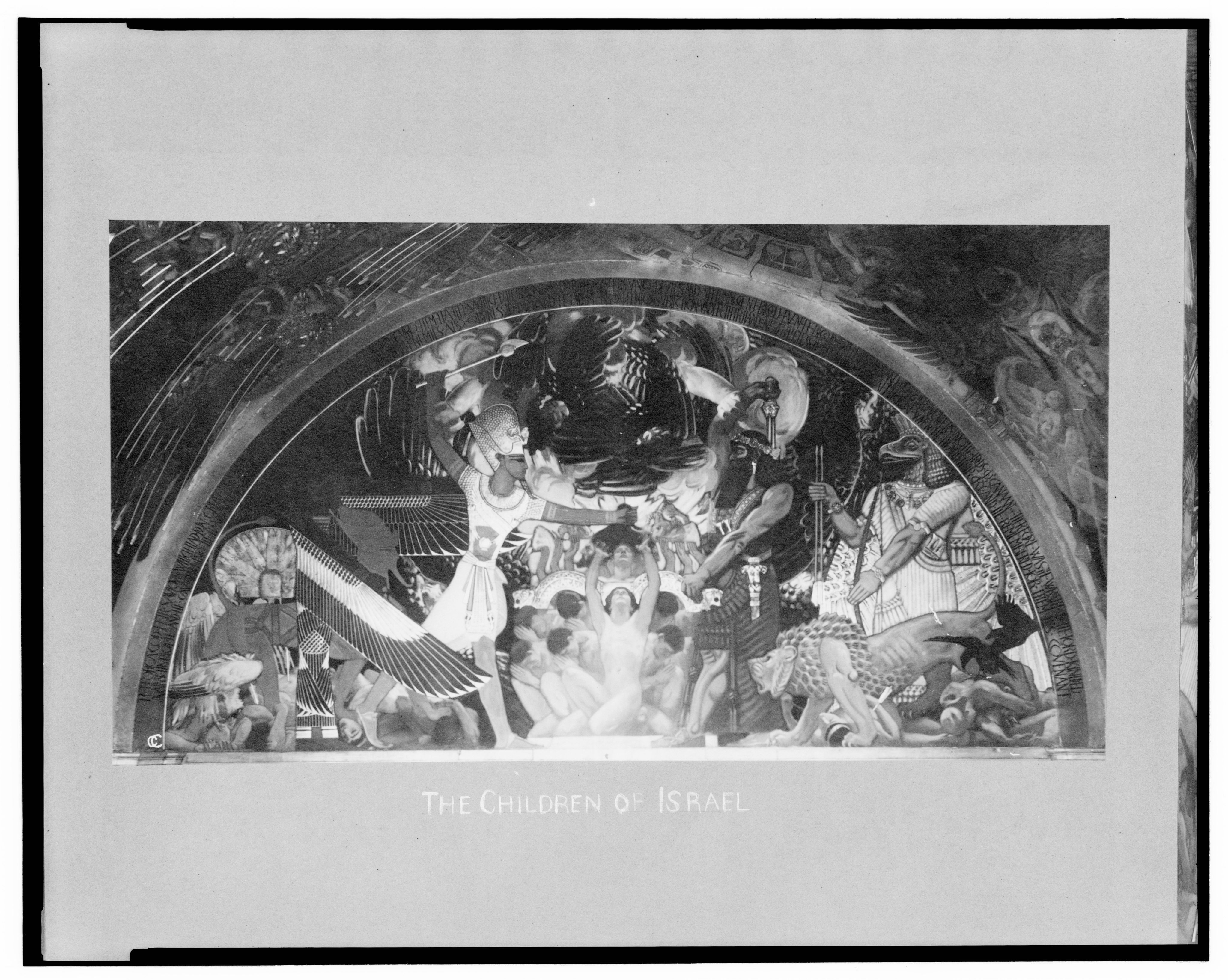 Ein schwarzer und weißer Rahmen mit einem Bild einer Gruppe von Menschen und dem Text "Die Kinder Israels" unten.